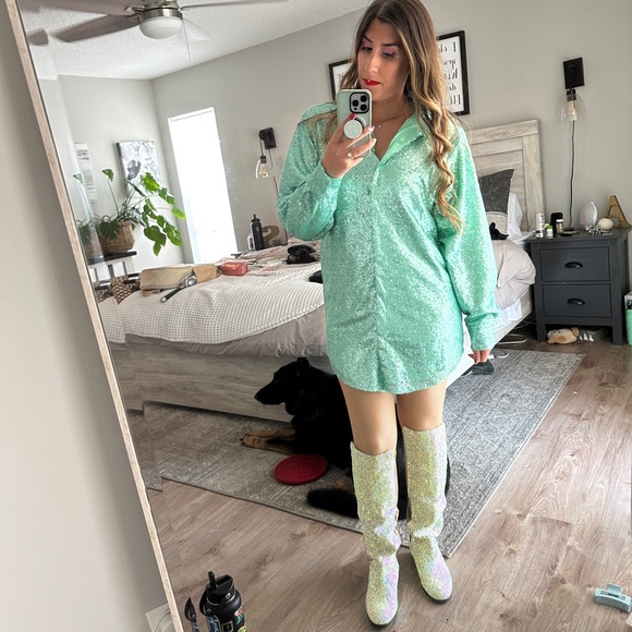 SHOWPO CALLY MINI DRESS - OVERSIZED SHIRT DRESS IN AQUA SEQUIN - Picture 7 of 7